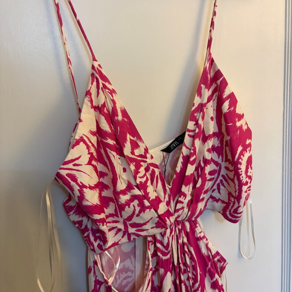 ZARA PRINTED JUMPSUIT L V-neck ruching and spaghetti NWT Pink/White 2298/161